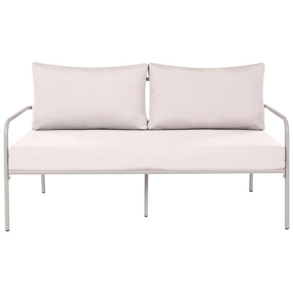 Zweisitzer Gartensofa mit Metallgestell inklusive Sitz- und Rückenkissen.
