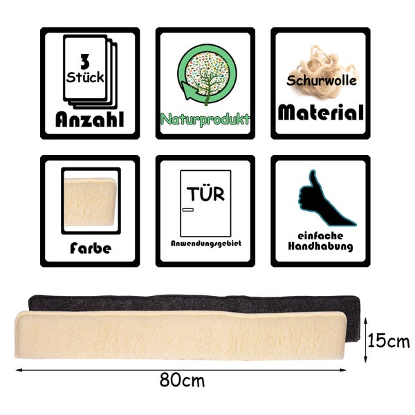 BigDean 3x Zugluftstopper für Türen 80cm - 100% Schurwolle - Beige - Türluftstopper Luftzugstopper Windstopper - Made in Germany