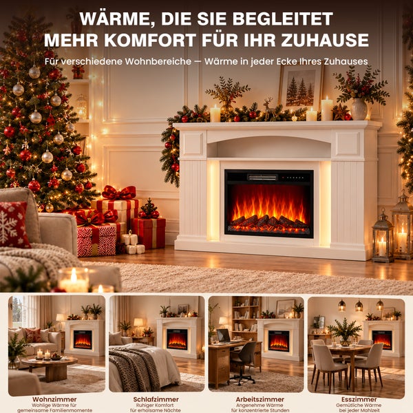 Weihnachtlich dekoriertes Wohnzimmer mit einem elektrischen Kamin im weißen Kaminsims als zentrale Wärmequelle für verschiedene Wohnbereiche.
