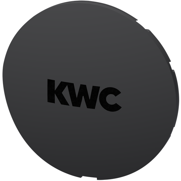 Runde Abdeckkappe in Dunkelgrau mit KWC Logo.