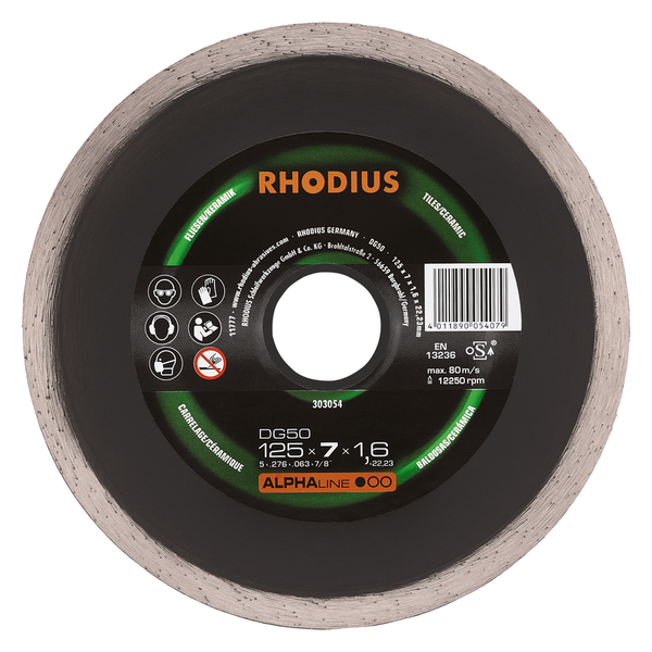 RHODIUS Diamanttrennscheibe DG50, 1 Stück, 125 x 7,0 x 1,6 x 22,23 mm für Fliesen/Keramik, ALPHAline