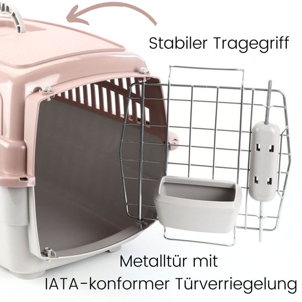 Haustiertransportbox mit stabilem Tragegriff und Metalltür mit IATA-konformer Türverriegelung
