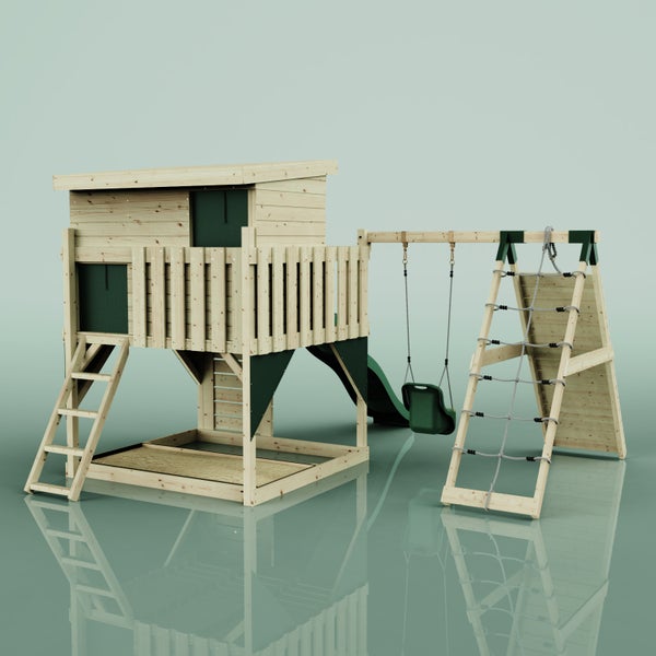 Spielturm aus Holz für Kinder mit Spielhaus, Rutsche, Schaukel, Kletternetz, Leiter und Sandkasten.