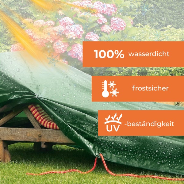Schutzhülle für Sonnenliegen: 100 Prozent wasserdicht, frostsicher und UV-beständig. Abgebildet auf einer Holzliege im Garten.