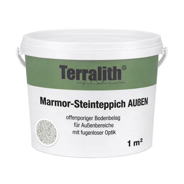Terralith Marmor-Steinteppich für Außenbereiche in einem Kunststoffeimer, ausreichend für einen Quadratmeter.