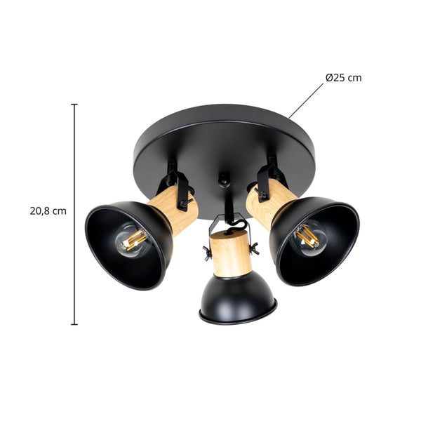 Deckenleuchte mit drei Strahlern aus Metall und Holz, Höhe 20,8 cm, Durchmesser 25 cm