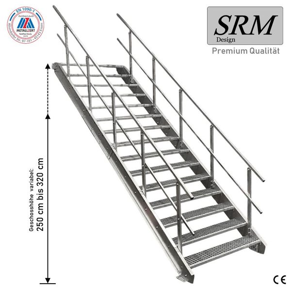 Stahltreppe mit Gitterroststufen und beidseitigem Geländer, variable Geschosshöhe 250 bis 320 Zentimeter, SRM Design Logo, EN 1090-1, CE-Kennzeichnung.