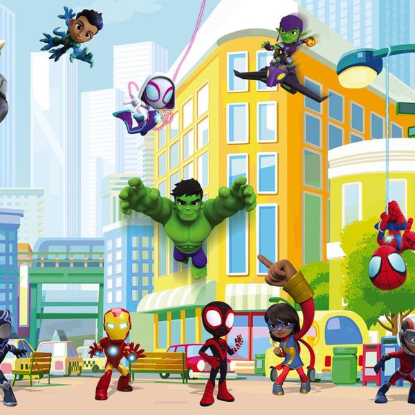 Illustration mit Marvel-Figuren in einer Stadt.