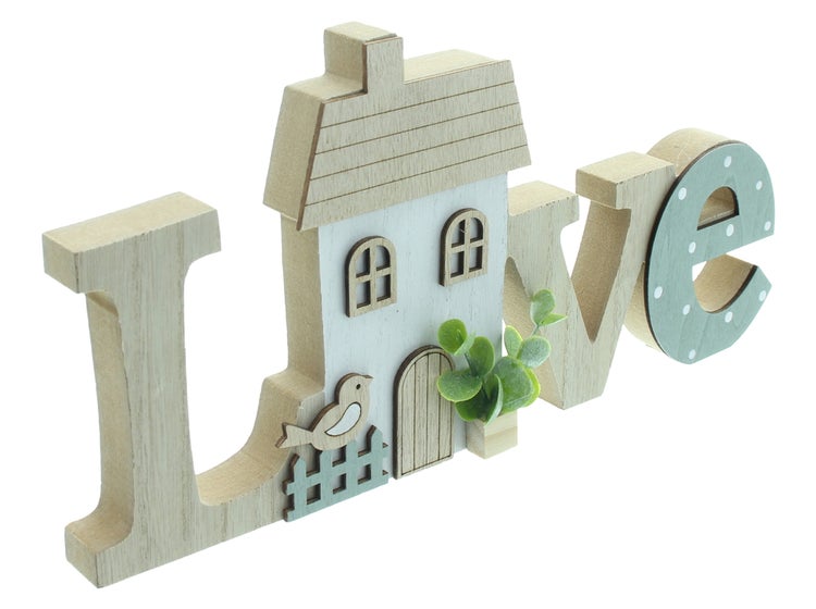 FRANK FLECHTWAREN|Schriftzug Love mit Häuschen, 30 x 2 x 15 cm, MDF, KUNSTSTOFF