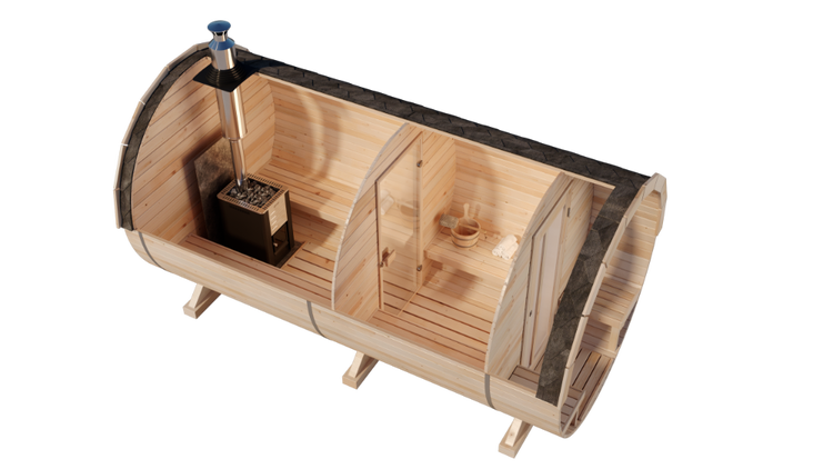 Fasssauna aus Holz mit Holzofen, Schornstein und Innenansicht der zwei Räume mit Sitzbänken.