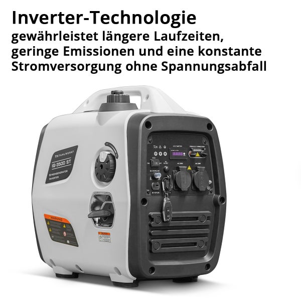 Stahlwerk Inverter Stromgenerator IG-3500 ST mit Stahlwerk Logo und Inverter-Technologie für konstante Stromversorgung ohne Spannungsabfall.