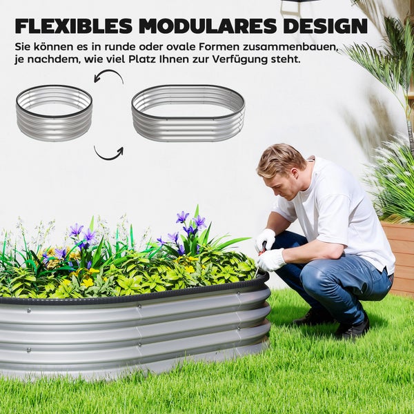 Flexibles modulares Hochbeet aus Metall, montierbar in runder oder ovaler Form, im Einsatz in einem Garten mit Pflanzen.