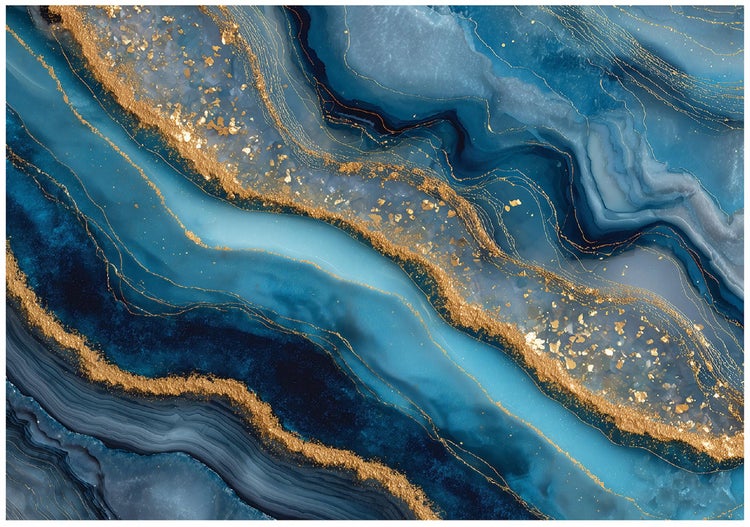 Abstrakte Kunst mit blauen und goldenen Farbakzenten