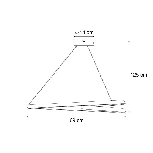 Technische Zeichnung einer Pendelleuchte mit den Maßen 14 cm Durchmesser, 69 cm Breite und 125 cm Höhe.