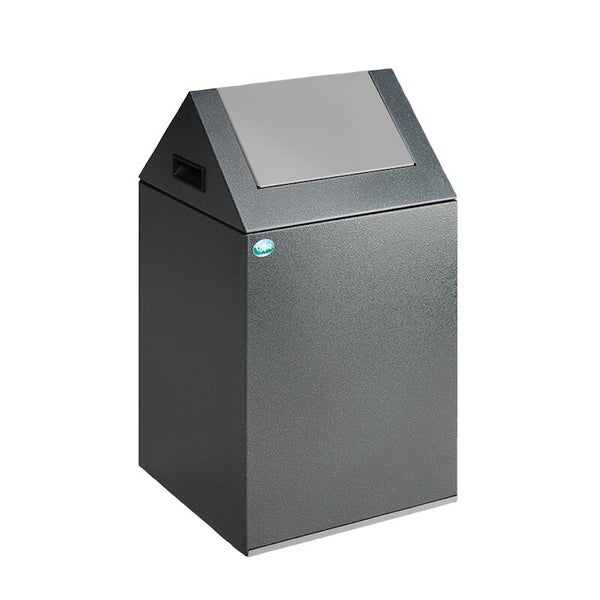 VAR Abfallsammler aus Metall mit Schwingdeckel, Giebeldach und VAR Logo.