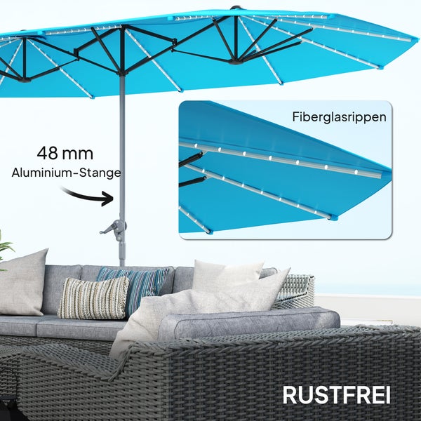 Outsunny Doppelsonnenschirm mit Solar LED Lichtern 451x267 cm Aluminium UV 50+ Sonnenschirm mit Handkurbel, Balkonschirm windfest Marktschirm Sonnenschutz für Strand Balkon Garten, Blau