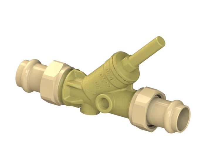 Schrägsitzventil aus Messing mit beidseitigen Pressanschlüssen, Größe DN 20.