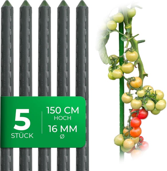 Fünf grüne Tomatenstäbe aus Metall mit Kunststoffbeschichtung, 150 Zentimeter hoch, Durchmesser 16 Millimeter, mit geriffelter Oberfläche.