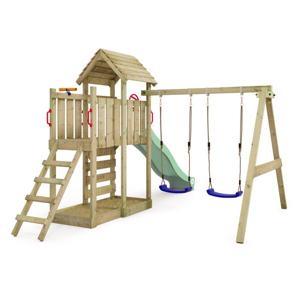 WICKEY Spielturm Klettergerüst MultiFlyer Holzdach mit Schaukel und Rutsche, Kletterturm mit Holzdach, Sandkasten, Leiter und Spiel-Zubehör – pastellgrün