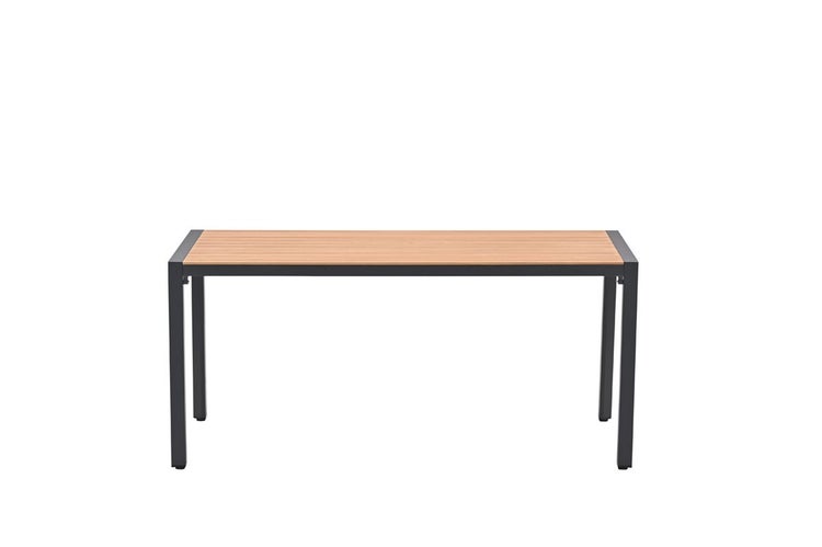 Rechteckiger Gartentisch mit Metallgestell und einer Tischplatte aus Holzlamellen.
