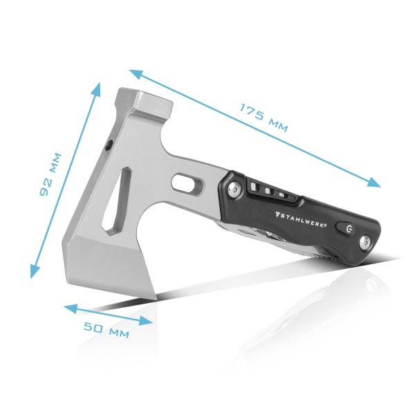 Stahlwerk Multifunktionsbeil in Silber und Schwarz, Gesamtlänge 175 Millimeter, Kopfhöhe 92 Millimeter, Klingenbreite 50 Millimeter.