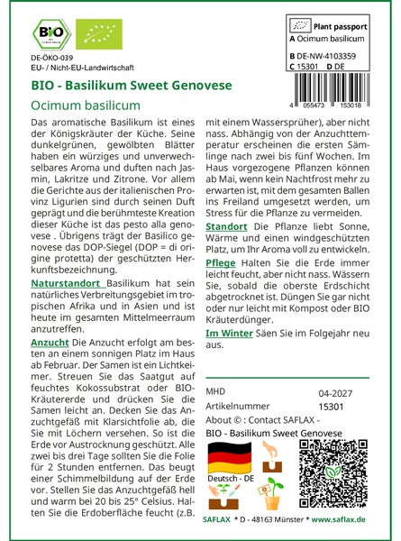 SAFLAX Geschenk Set - BIO - Basilikum Sweet Genovese - Ocimum basilicum - 800 Samen - Mit Geschenkbox, Versandaufkleber, Geschenkkarte und Anzuchtsubstrat