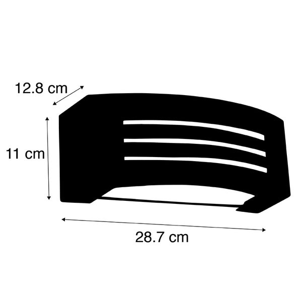 Außenwandleuchte mit Maßen: Breite 28.7 Zentimeter, Höhe 11 Zentimeter, Tiefe 12.8 Zentimeter. Schwarze, gebogene Form mit drei Lichtschlitzen.