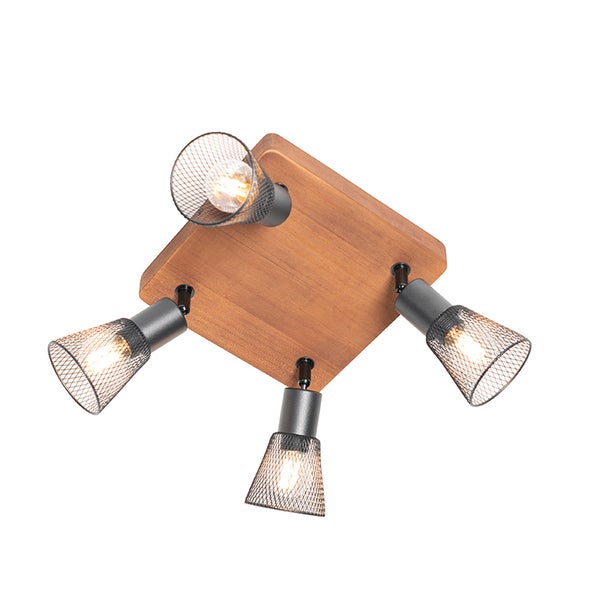 Deckenleuchte mit vier Strahlern und Holzplatte