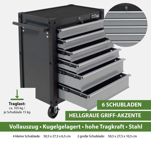Werkzeugwagen Trutzi 78 x 64 cm 6 Schubladen Rollcontainer Werkstattwagen Werkzeugaufbewahrung grau
