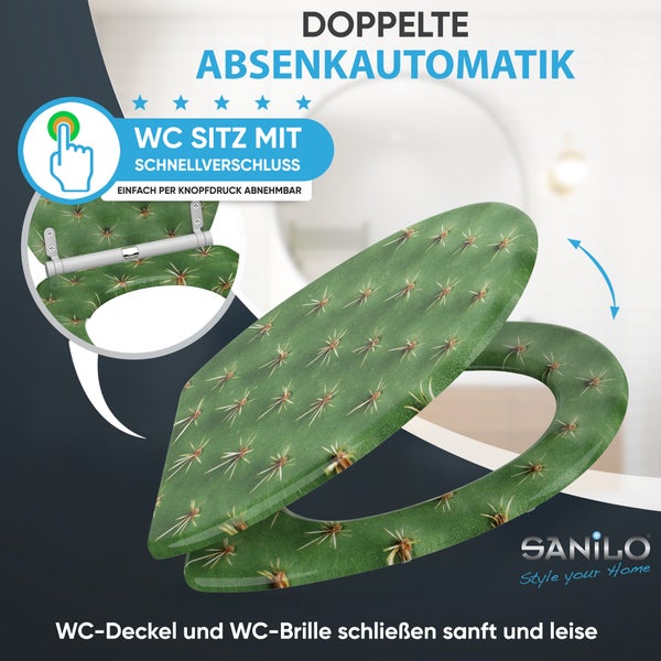 Sanilo WC-Sitz mit Kaktus-Motiv, doppelter Absenkautomatik und Schnellverschluss. Deckel und Brille schließen sanft und leise.