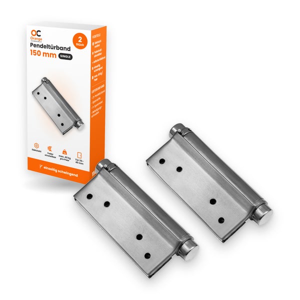 Set aus zwei 150 Millimeter Pendeltürbändern aus rostfreiem Edelstahl inklusive Befestigungsmaterial und Montageanleitung in der Produktverpackung
