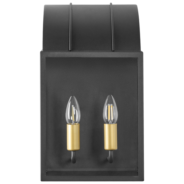 Moderne Außenwandleuchte aus schwarzem Metall mit zwei Kerzenlampen in goldfarbenen Fassungen.