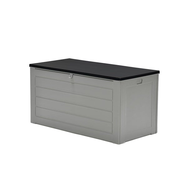 Gartenbox aus Kunststoff mit schwarzem Deckel und grauer Holzoptik.