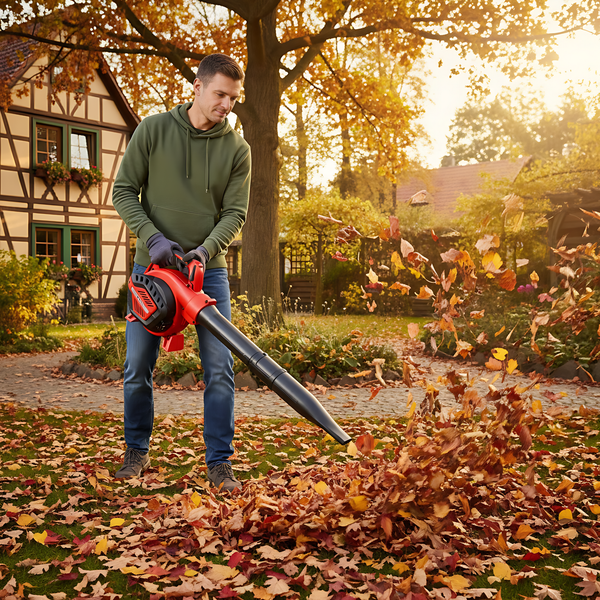 Mann benutzt Laubbläser zur Gartenarbeit im Herbst