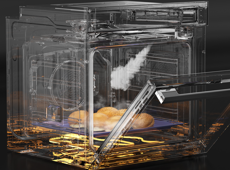 Transparente Ansicht eines Einbaubackofens mit Dampfstoßfunktion, in dem Brötchen auf einem Backblech gebacken werden.