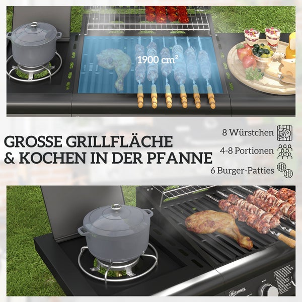 Outsunny Gasgrill 12,2 KW 3+1 Brenner BBQ Grillwagen aus Edelstahl inkl Rolle Seitenbrenner Thermometer Grillrost Kochfeld Seitentisch Gas-Grill für Balkon Camping 118,5 x 56 x 110 cm