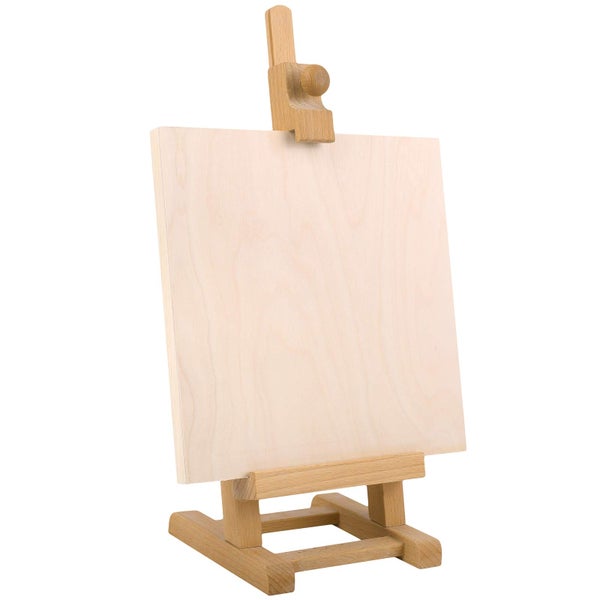Tischstaffelei aus Holz inklusive kleiner Holzplatte für Malerei und Präsentationen.