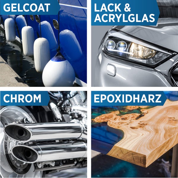Prinox® 150ml Polierpaste inkl. Profi Poliertuch I Politur für Acrylglas, Epoxidharz, Lacke, Gelcoat gfk, Chrom & Kunststoffe I Entfernt Mattierungen & Mikro Kratzer