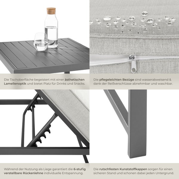 Gartenmöbel Details: Lamellentisch, wasserabweisender Bezug mit Reißverschluss, sechsstufig verstellbare Rückenlehne und Füße mit Kunststoffkappen.
