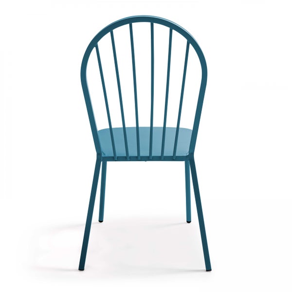 Gartenstuhl aus Metall in Petrol mit Sprossenrückenlehne, Rückansicht.