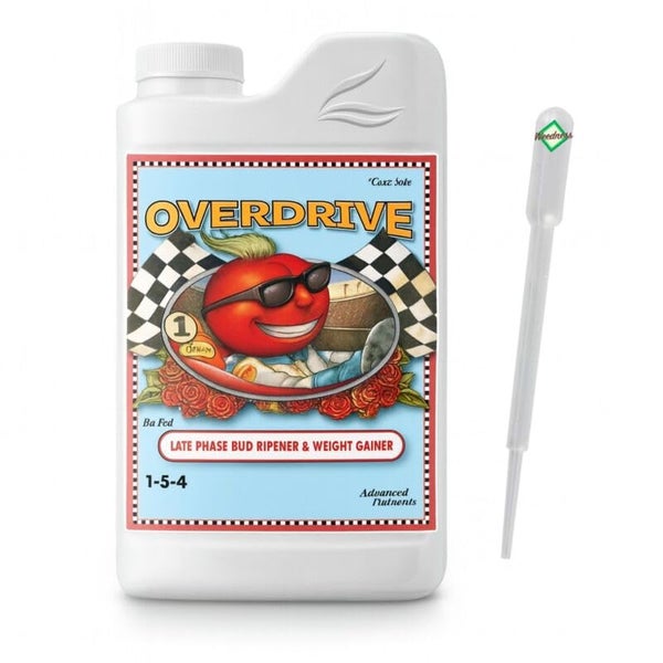 Advanced Nutrients Overdrive Dünger in einer weißen Flasche mit Dosierpipette für die späte Blütephase.