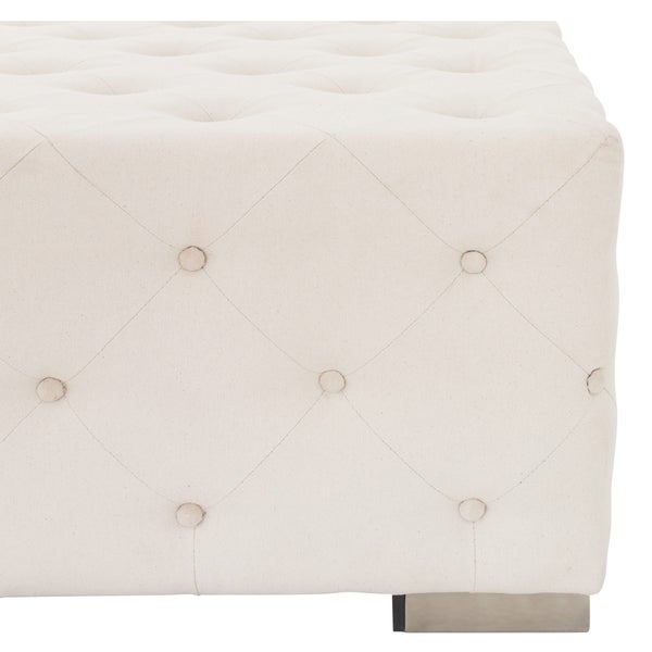 WOMO-DESIGN Sitzhocker XXL Ostrava aus Leinen Creme mit silberne Metallfüße, 90x45x90cm Quadratisch, Handgefertigt, Moderne Knopfheftung, Polsterhocker Sofa-Hocker Fußhocker Sitzpouf Pouf Puff Ottoman