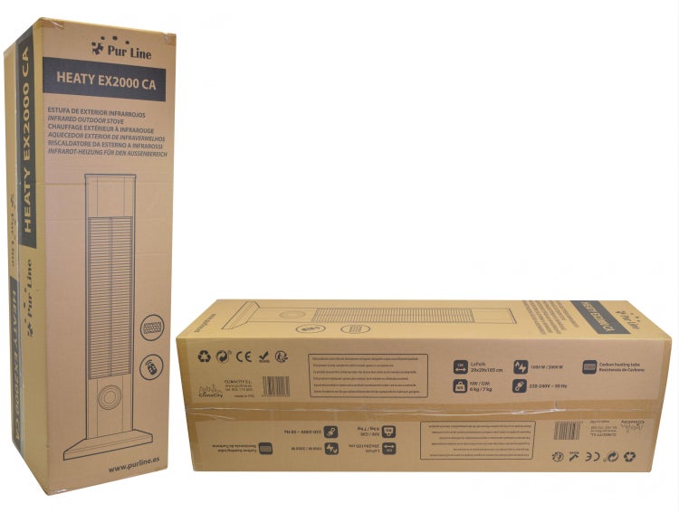 Verpackungskarton einer Pur Line Infrarotheizung für den Außenbereich Heaty EX2000 CA