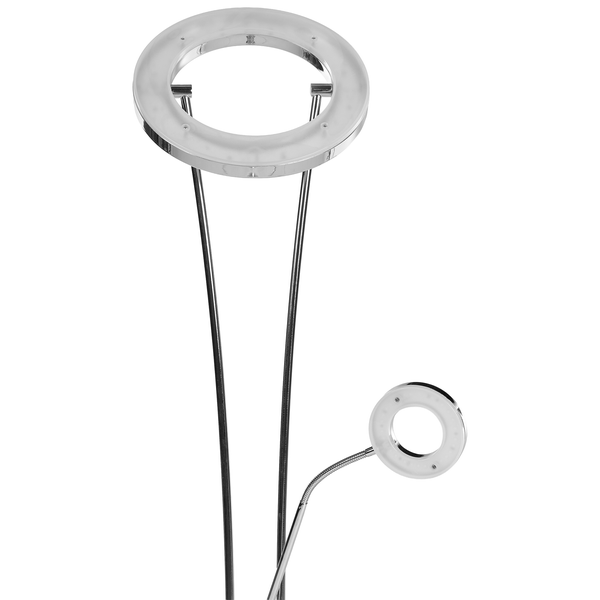 Moderne LED Deckenfluter Stehleuchte mit Lesearm und ringförmigen Leuchtköpfen aus Metall.