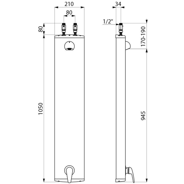 Maßzeichnung Duschpaneel: Höhe 1050 Millimeter, Breite 210 Millimeter, Tiefe 34 Millimeter, Anschluss 1/2 Zoll.
