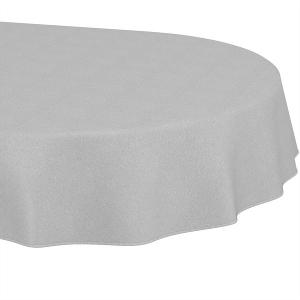 Ovale Tischdecke aus gewebtem Stoff mit gesäumtem Rand.