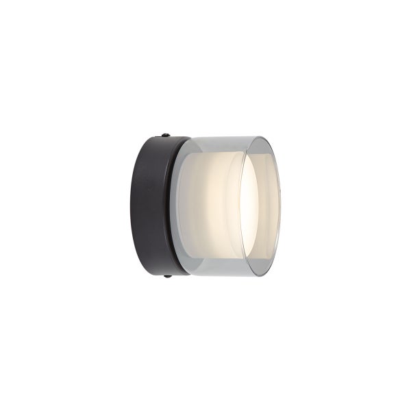 Zylindrische Außenwandleuchte aus Metall und Glas in Anthrazit, mit warmweißem Licht beleuchtet.