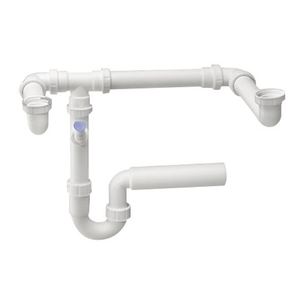 Platzsparender Raumsparsiphon für Doppelspülbecken aus weißem Kunststoff.
