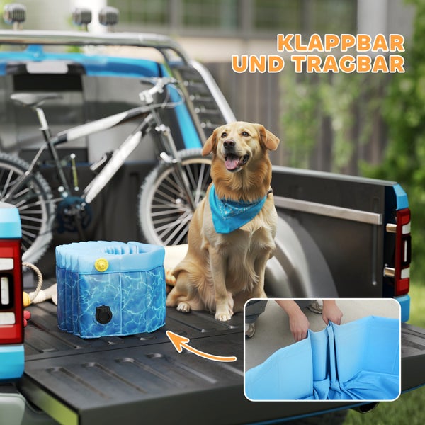 Zusammenklappbarer Hundepool auf einer Pickup-Ladefläche neben einem Hund, Detailansicht zeigt Faltvorgang, Text klappbar und tragbar.
