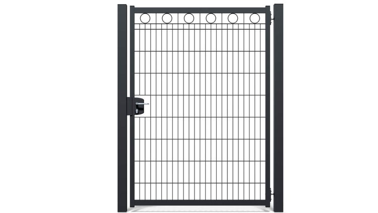 Zauntür ZAUNGURU BASIC-Linie Berlin Kreis aus Metall, Höhe: 183cm, Breite: 150cm, 1-flügelig inkl. Pfosten, Schloss und Zubehör, Feuerverzinkt und zusätzlich in RAL 7016 Anthrazitgrau pulverbeschichtet